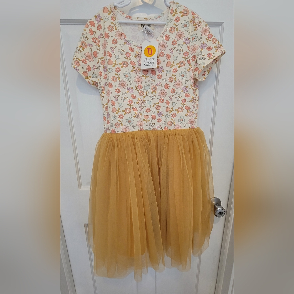 Taylor Joelle Girls Floral Bodice Tulle Skirt Dress in Mustard